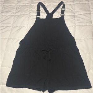 Black Romper Overalls with Adjustable Straps, Pockets, Drawstring